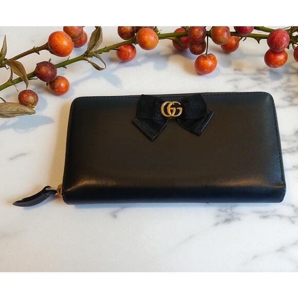GUCCI GG Marmont Ribbon Long Wallet Round Zipper Black Leather - Authentic - Picture 1 of 13